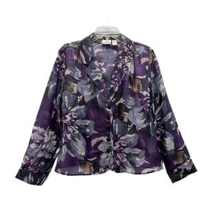 Chicos Size 1 Medium 100% Silk Jacket Lightweight Floral Purple